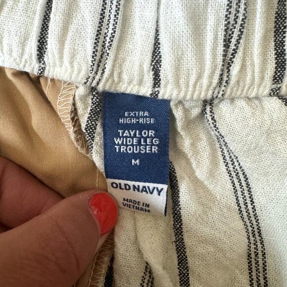 Linen Blend Striped White and Navy Pants Trousers High Rise Size Medium - Picture 4 of 4